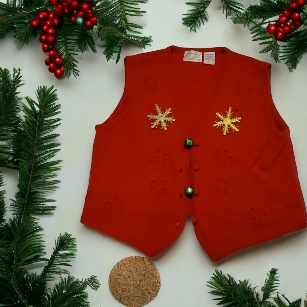 Red Vintage Sears Christmas Festive Vest w/ Snowflakes and Bells